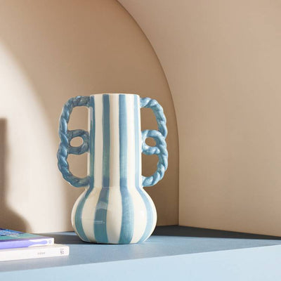 Argos Habitat Stripe Ceramic Blue Vase with Wavy Handles 20cm x 11.5cm- Buy online at McGrocer