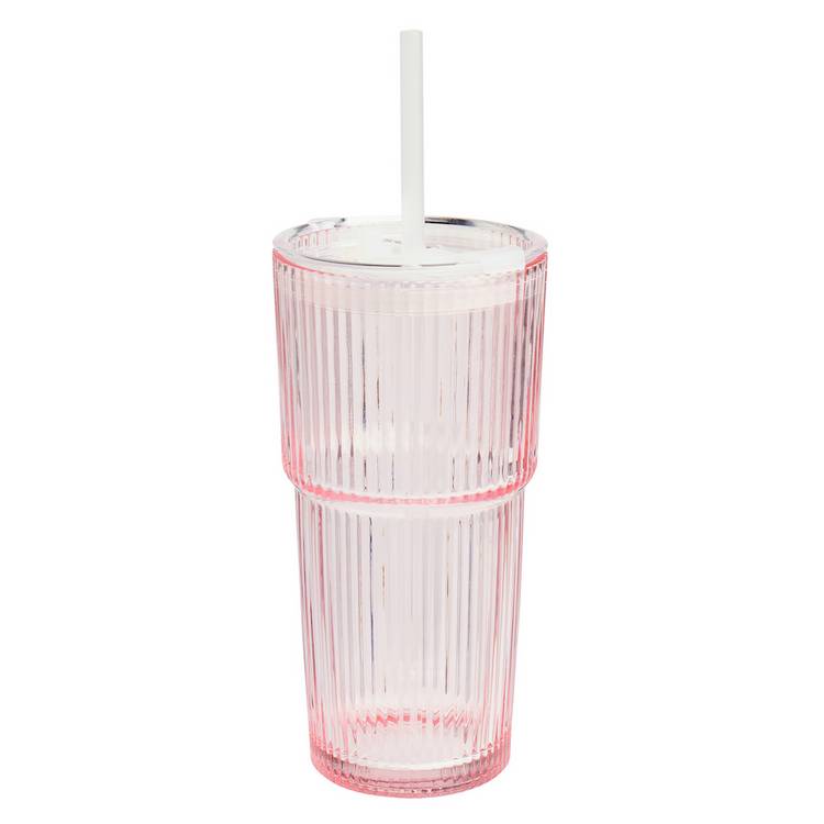 Argos Home pink ribbed glass with reusable straw, UK version