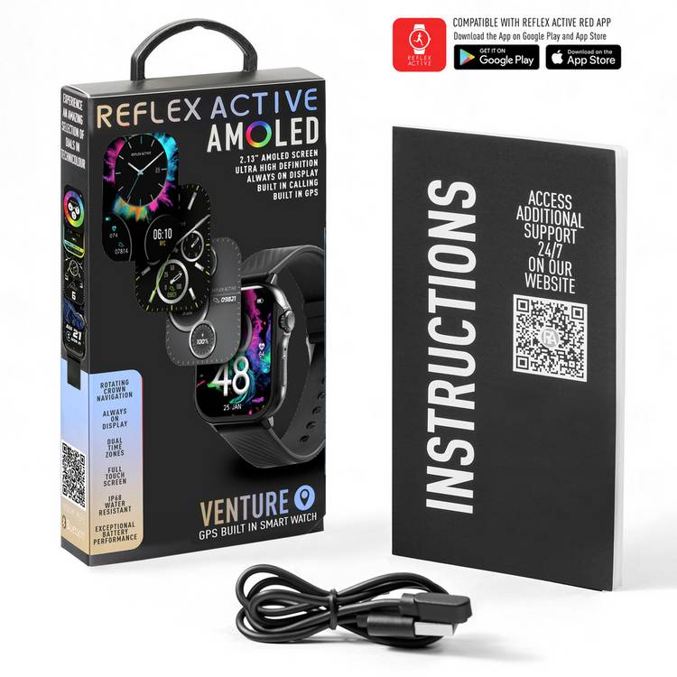 Reflex Active Venture Black AMOLED GPS smartwatch, imported from the UK