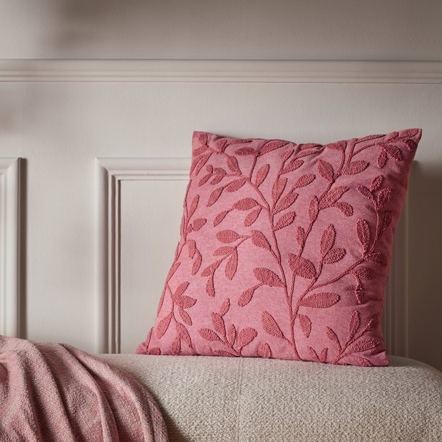 Argos Home cushion pink embroidered leaves 50x50cm (British brand)