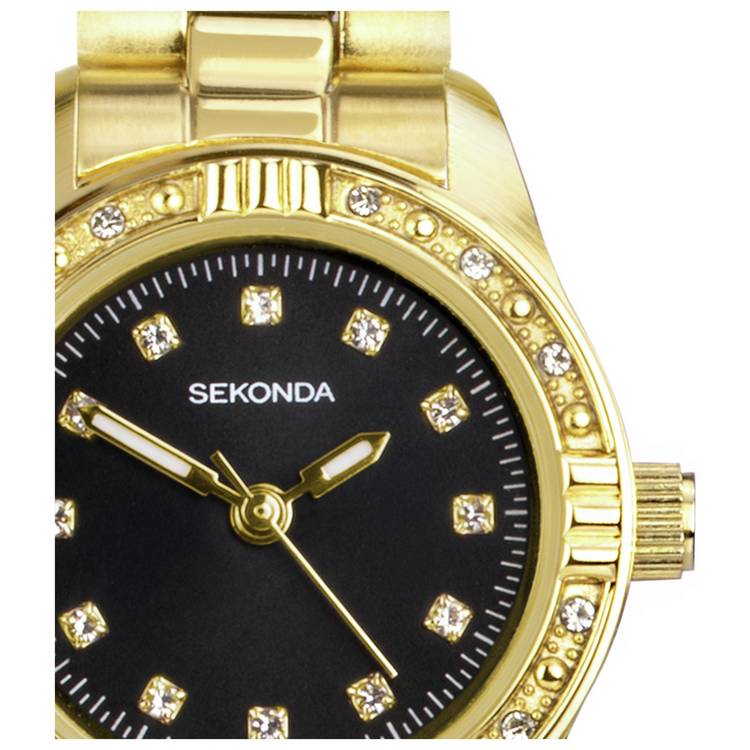 Sekonda gold watch gift set with black dial and matching jewellery - British product