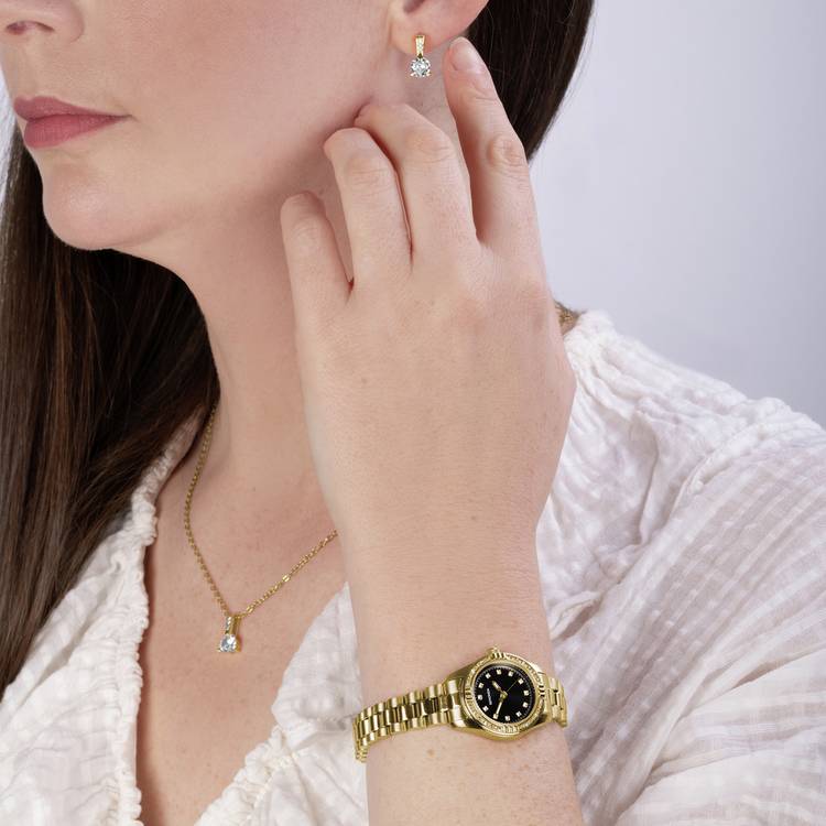 Sekonda gold watch gift set with black dial and matching jewellery - British product