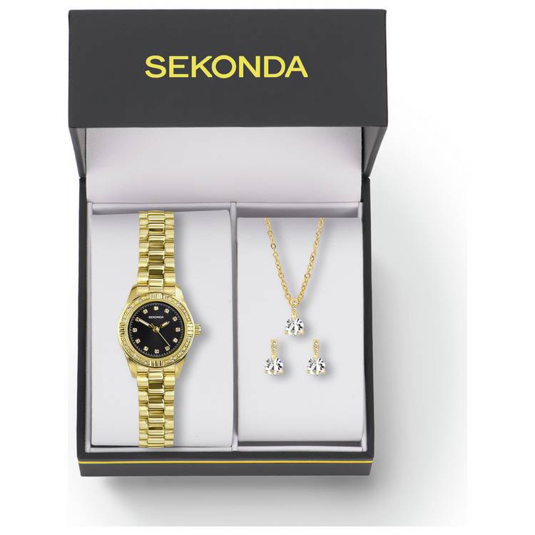 Sekonda gold watch gift set with black dial and matching jewellery - British product