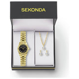 Sekonda gold watch gift set with black dial and matching jewellery - British product
