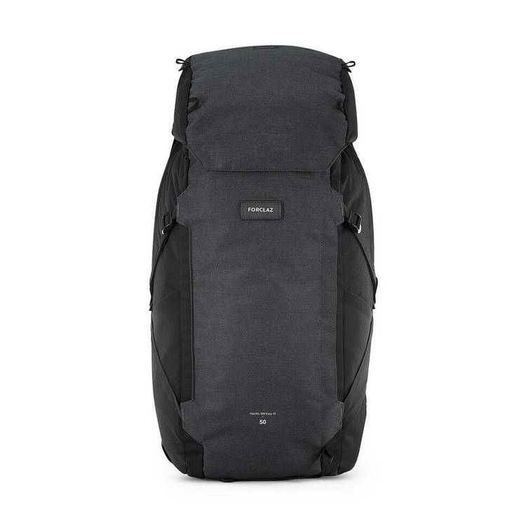 Decathlon travel backpack 56L black clamshell opening (British brand)