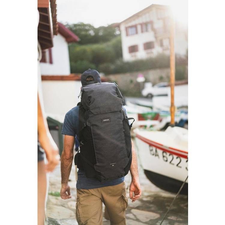 Decathlon travel backpack 56L black clamshell opening (British brand)