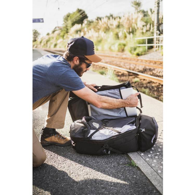 Decathlon travel backpack 56L black clamshell opening (British brand)