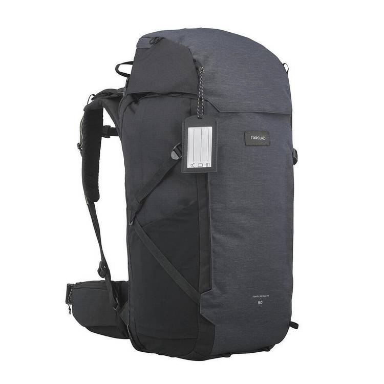 Decathlon travel backpack 56L black clamshell opening (British brand)