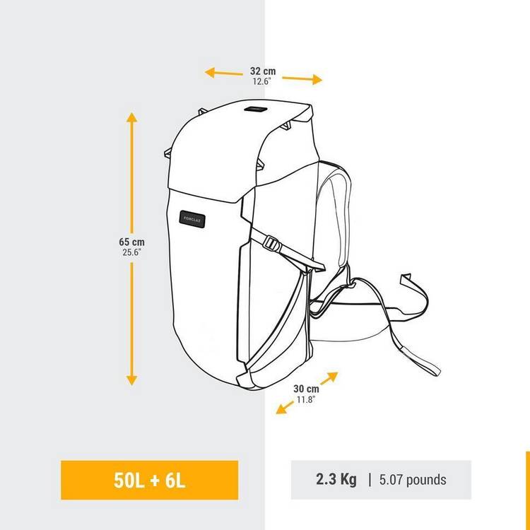 Decathlon travel backpack 56L black clamshell opening (British brand)