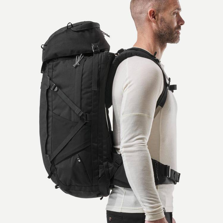 Decathlon travel backpack 56L black clamshell opening (British brand)