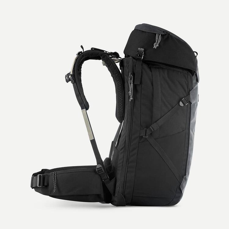 Decathlon travel backpack 56L black clamshell opening (British brand)
