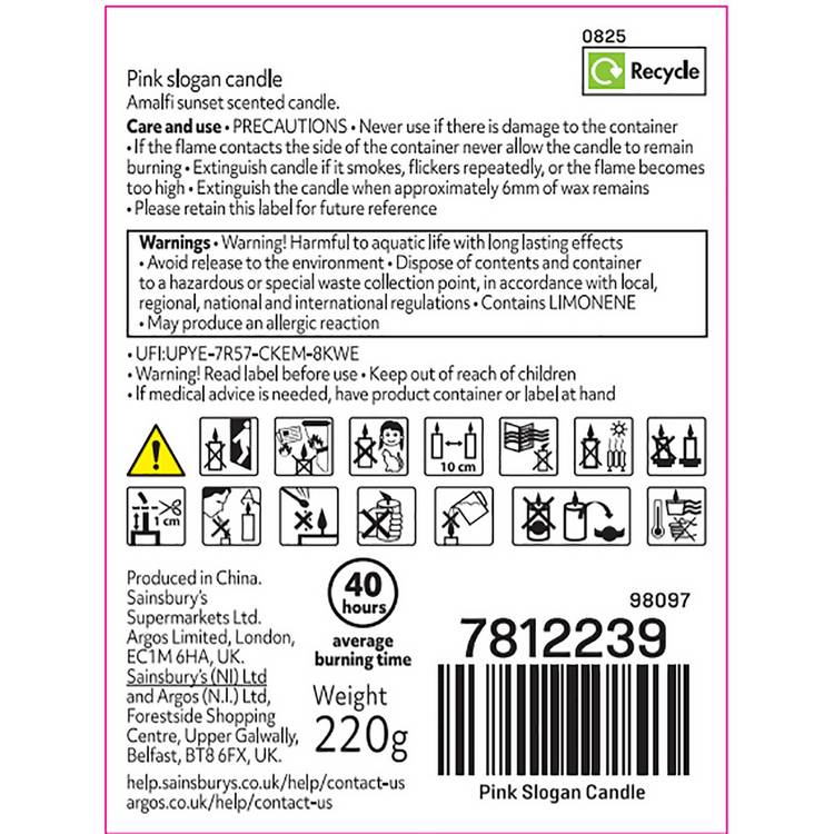 Argos Home candle pink Amalfi Sunset 10.5cm, imported from the UK
