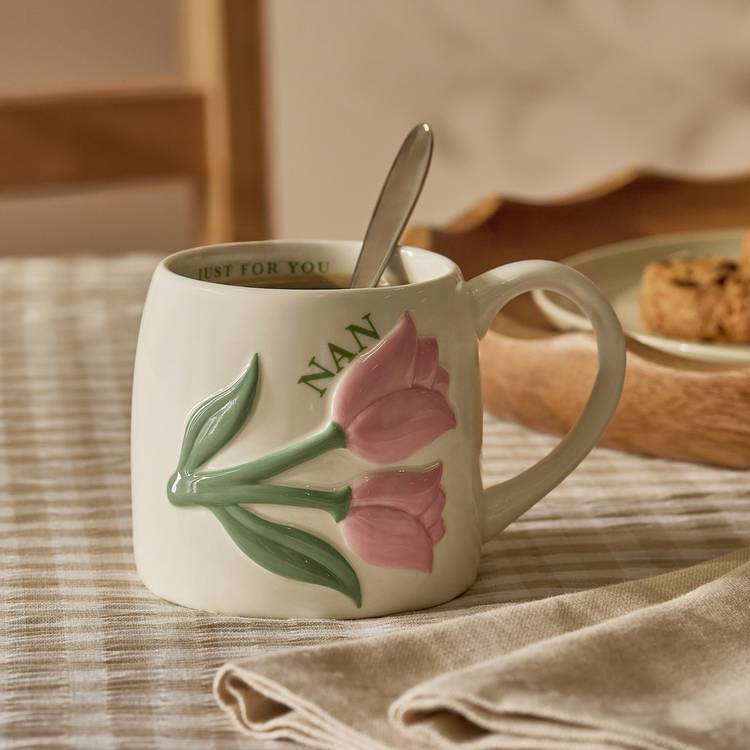 Argos Home ceramic mug with pink tulips, UK version