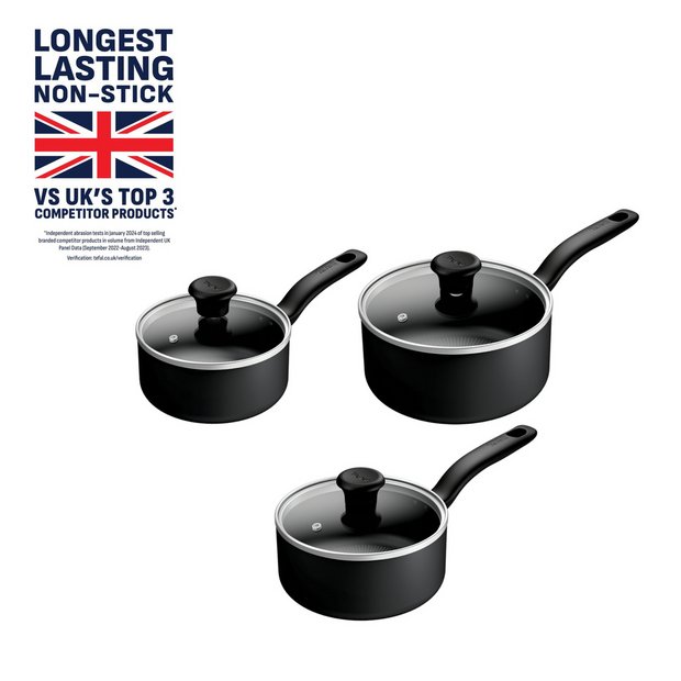 Tefal aluminium saucepan set black, imported from the UK