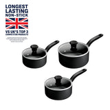 Tefal aluminium saucepan set black, imported from the UK