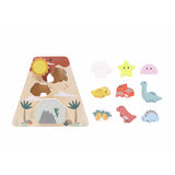 Chad Valley wooden dinosaur shape sorter toy, imported from the UK