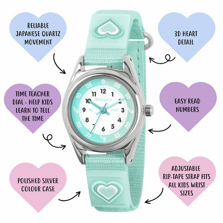 Tikkers kids watch aqua heart gift set (British brand)