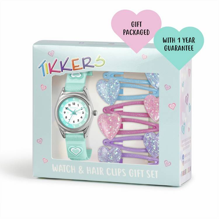 Tikkers kids watch aqua heart gift set (British brand)