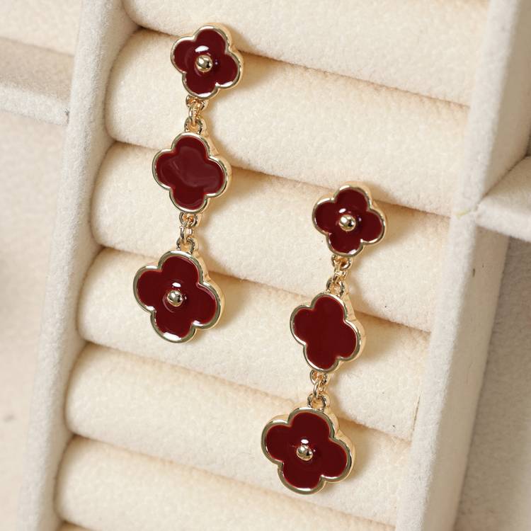 Lipsy gold burgundy clover triple drop earrings - British product