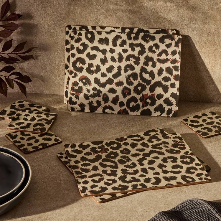 Argos Home leopard print placemats and coasters set, imported from the UK