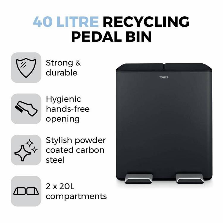 Tower twin compartment recycling pedal bin 40L black - British product