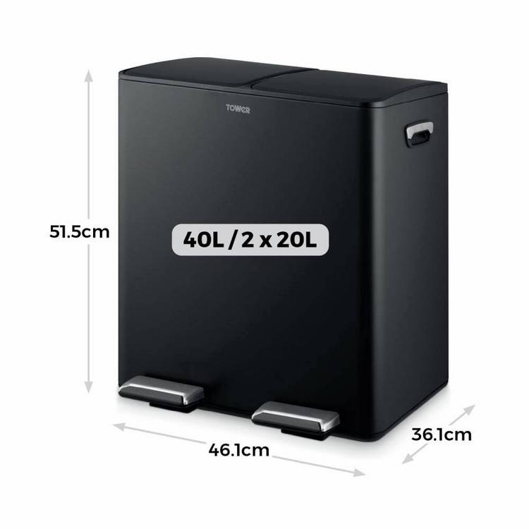 Tower twin compartment recycling pedal bin 40L black - British product