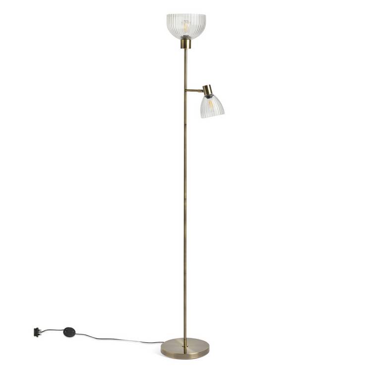 Argos Home Piper floor lamp in antiqued brass with ribbed glass shades (British brand)