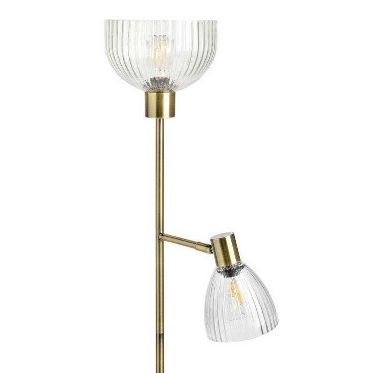 Argos Home Piper floor lamp in antiqued brass with ribbed glass shades (British brand)