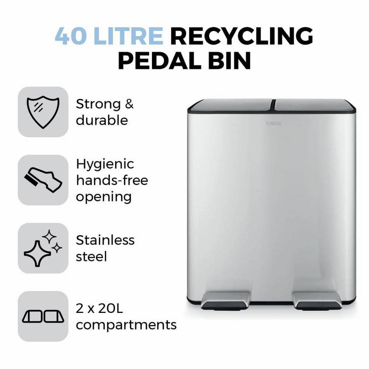 Tower 40L twin compartment steel pedal bin, imported from the UK