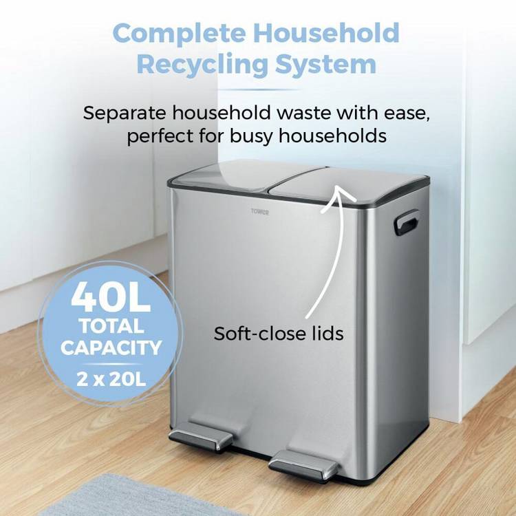 Tower 40L twin compartment steel pedal bin, imported from the UK