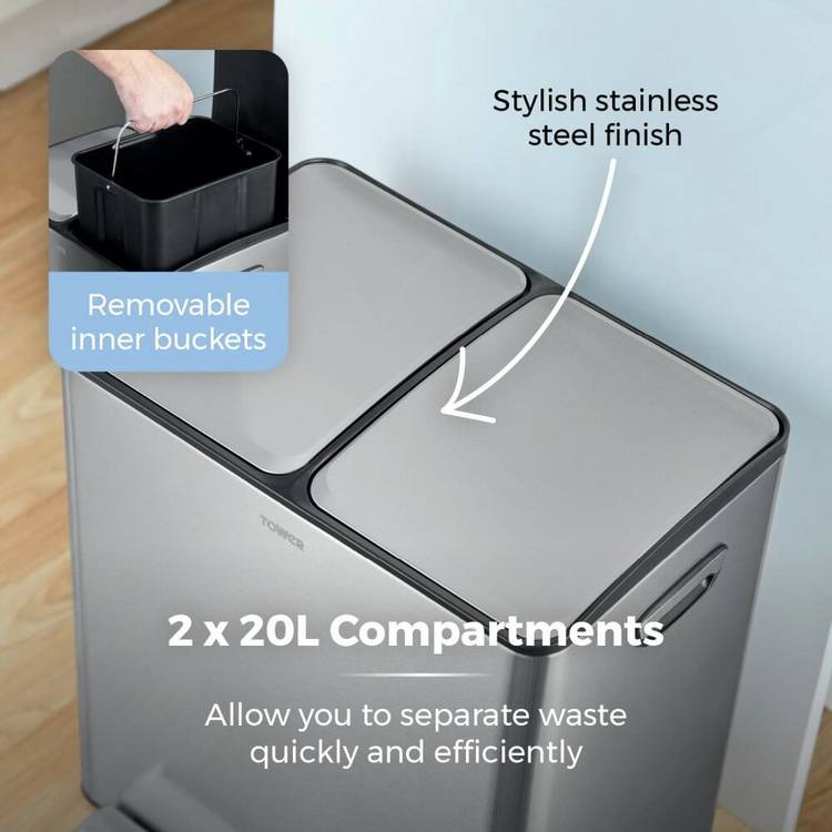 Tower 40L twin compartment steel pedal bin, imported from the UK