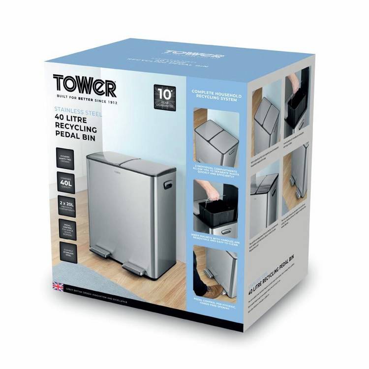 Tower 40L twin compartment steel pedal bin, imported from the UK
