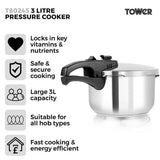 Tower 3 litre stainless steel pressure cooker - British product