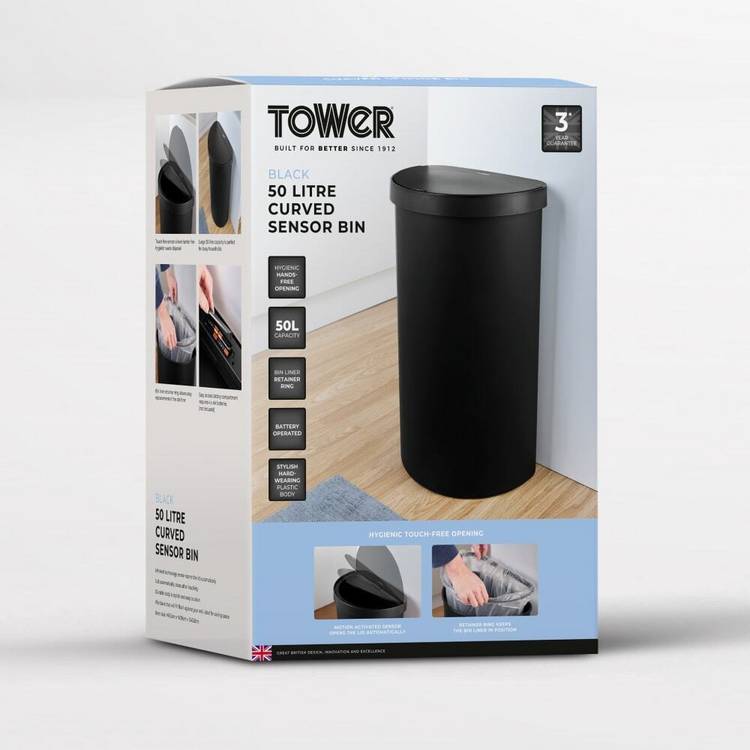 Tower sensor bin black 50 litre, imported from the UK