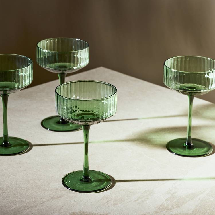 Habitat green ribbed champagne coupe glasses set of 4, imported from the UK