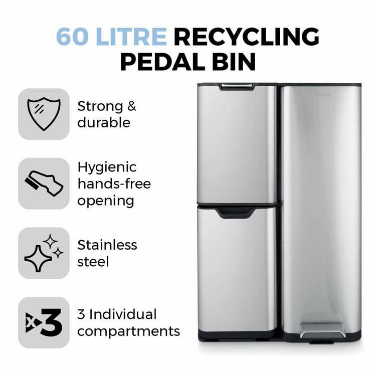 Tower three compartment recycling bin 60L, UK version