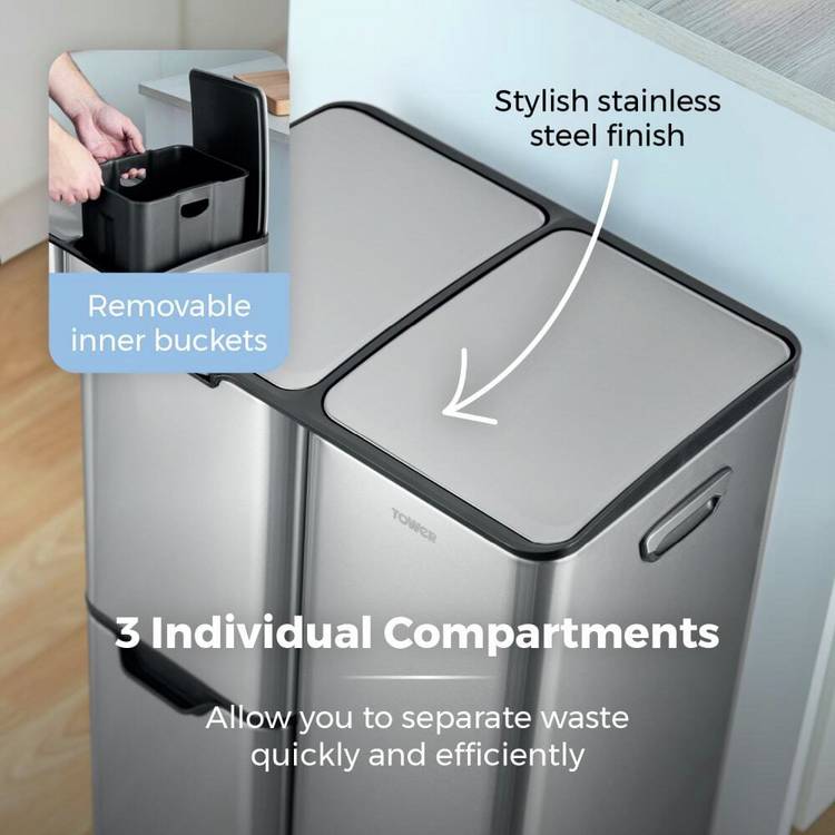 Tower three compartment recycling bin 60L, UK version