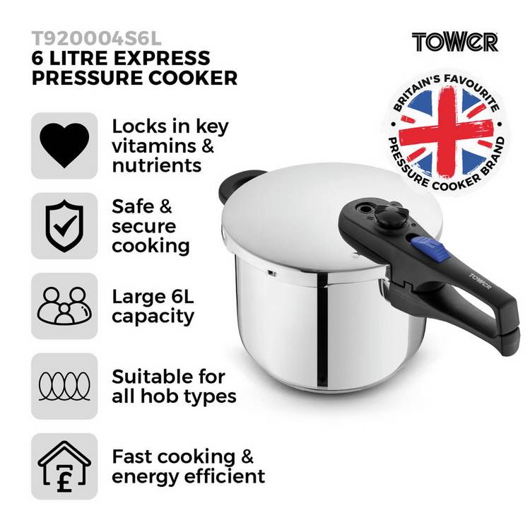 Tower 6 litre stainless steel pressure cooker - British product