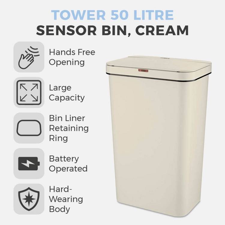 Tower sensor bin 50 litre cream, imported from the UK