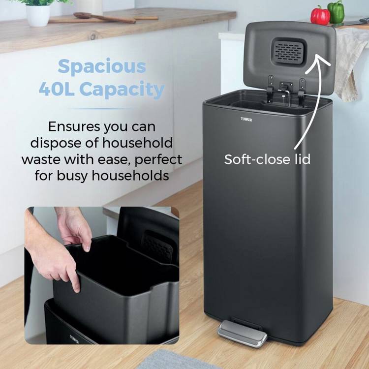 Tower black 40-litre pedal bin, UK version