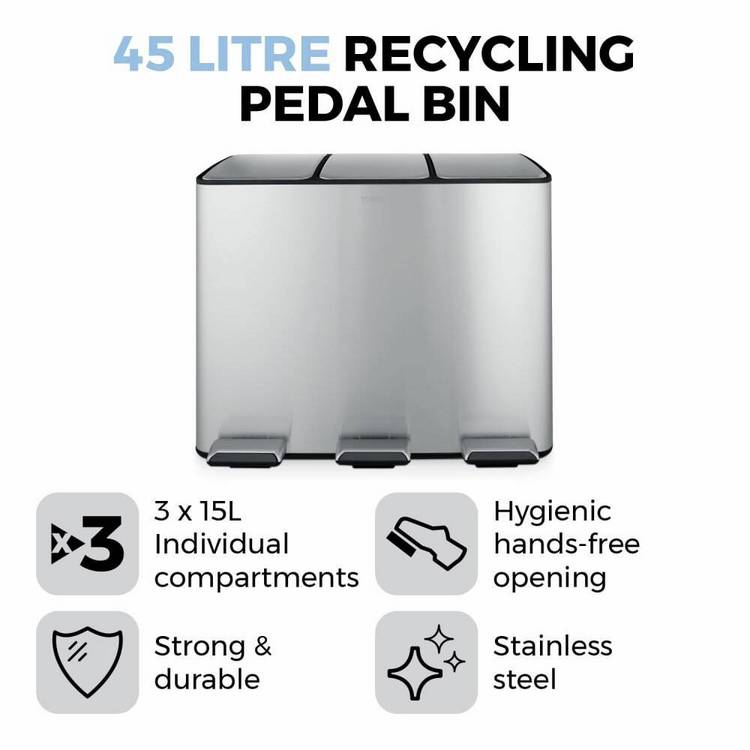 Tower 45L three compartment recycling bin steel, imported from the UK