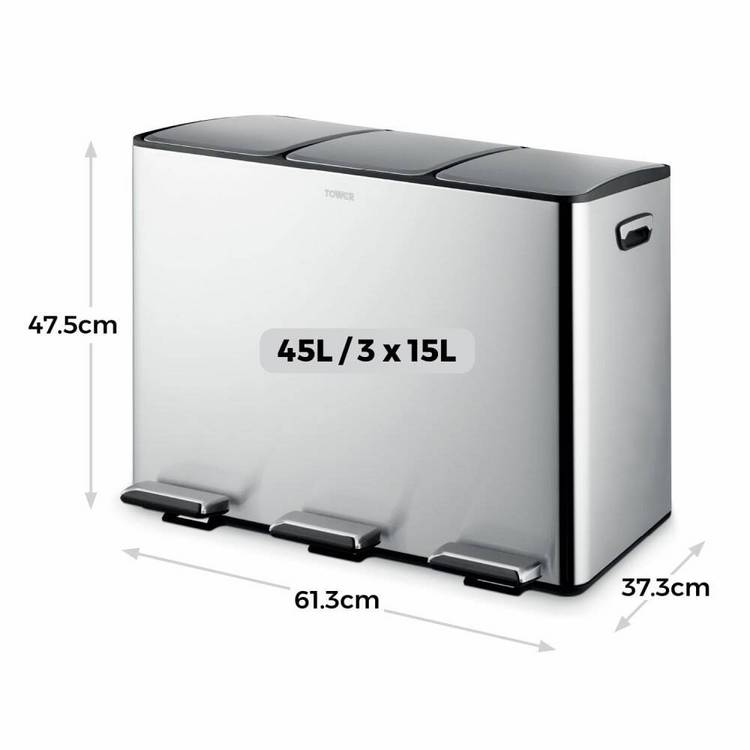 Tower 45L three compartment recycling bin steel, imported from the UK