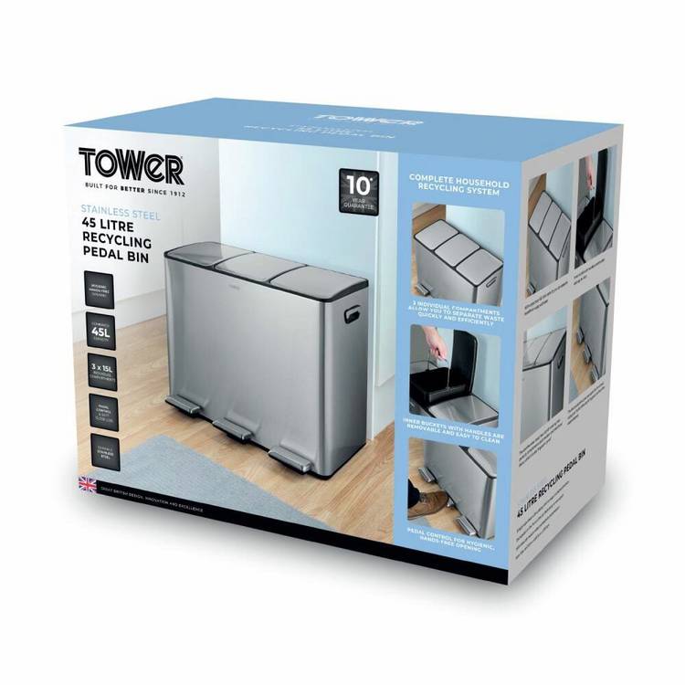 Tower 45L three compartment recycling bin steel, imported from the UK