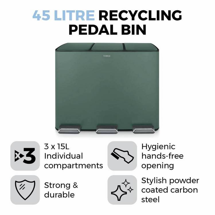 Tower 45L green recycling pedal bin, UK version