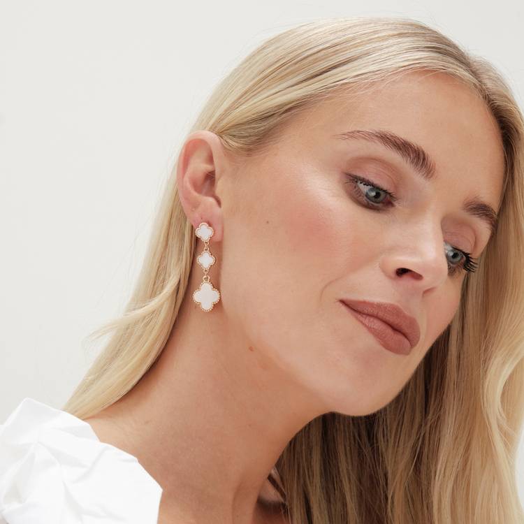 Lipsy gold mother of pearl clover linear drop earrings, UK version