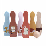 Chad Valley wooden garden skittles set with woodland characters, imported from the UK