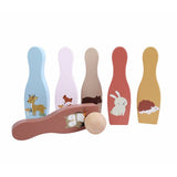 Chad Valley wooden garden skittles set with woodland characters, imported from the UK
