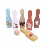 Chad Valley wooden garden skittles set with woodland characters, imported from the UK