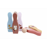 Chad Valley wooden garden skittles set with woodland characters, imported from the UK