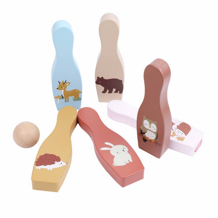 Chad Valley wooden garden skittles set with woodland characters, imported from the UK